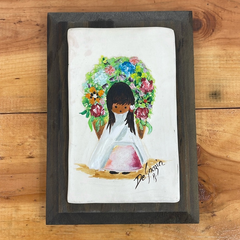 Vintage DeGrazia Girl Flower Basket Painted Ceramic Wood Wall Art 5.25 x 7.75